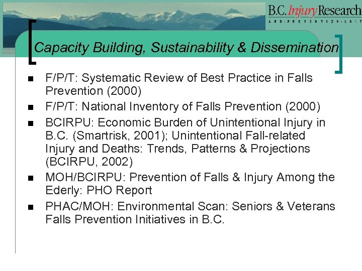 Capacity Building, Sustainability & Dissemination n n F/P/T: Systematic Review of Best Practice in