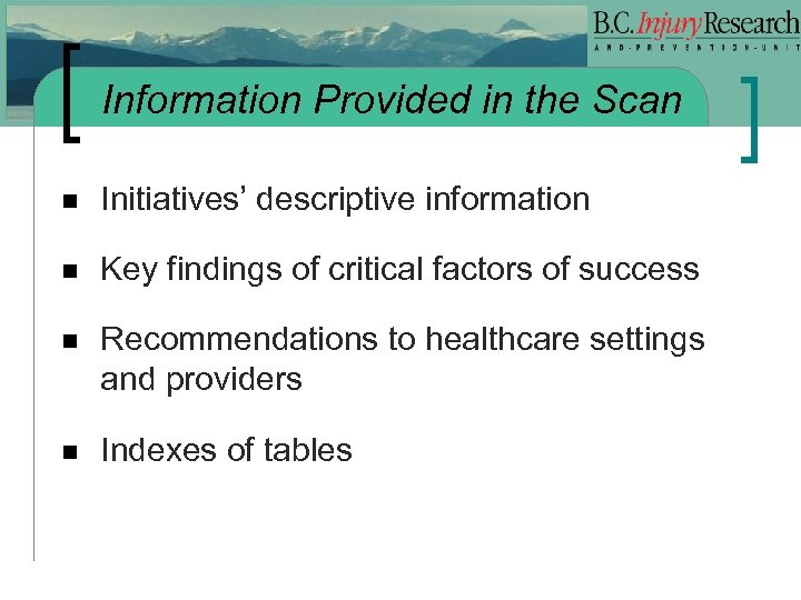Information Provided in the Scan n Initiatives’ descriptive information n Key findings of critical