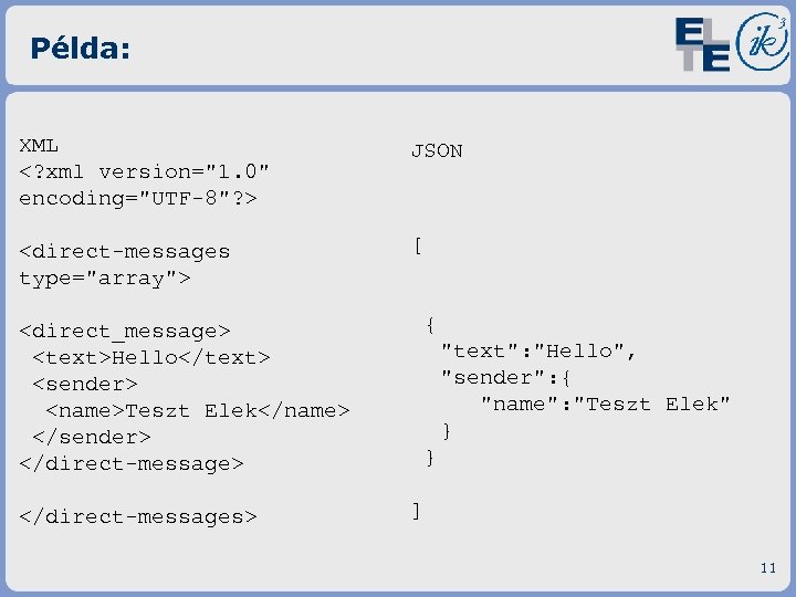Példa: XML <? xml version="1. 0" encoding="UTF-8"? > JSON <direct-messages type="array"> [ { <direct_message>