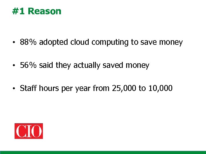 #1 Reason • 88% adopted cloud computing to save money • 56% said they