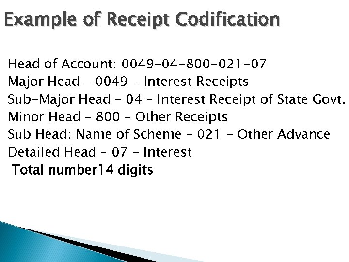 Example of Receipt Codification Head of Account: 0049 -04 -800 -021 -07 Major Head