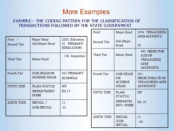 More Examples EXAMPLE: - THE CODING PATTERN FOR THE CLASSIFICATION OF TRANSACTIONS FOLLOWED BY