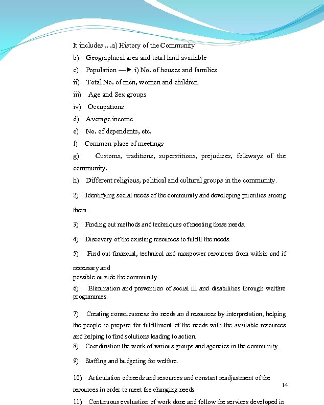 It includes. . . a) History of the Community b) Geographical area and total