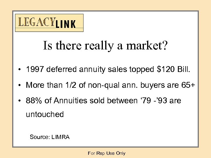 Is there really a market? • 1997 deferred annuity sales topped $120 Bill. •