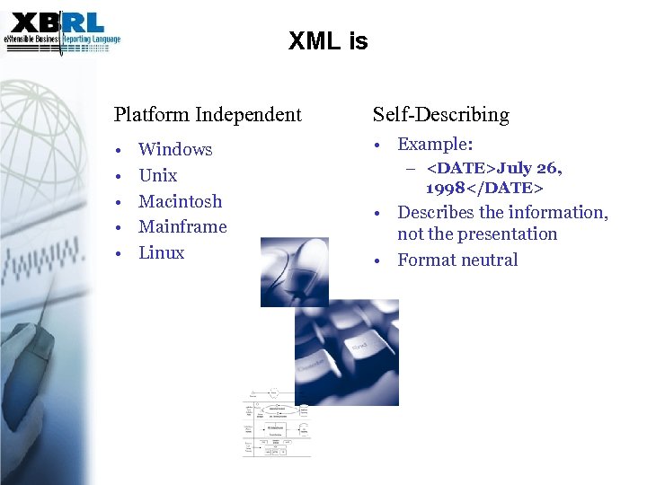 XML is Platform Independent Self-Describing • • • Example: Windows Unix Macintosh Mainframe Linux