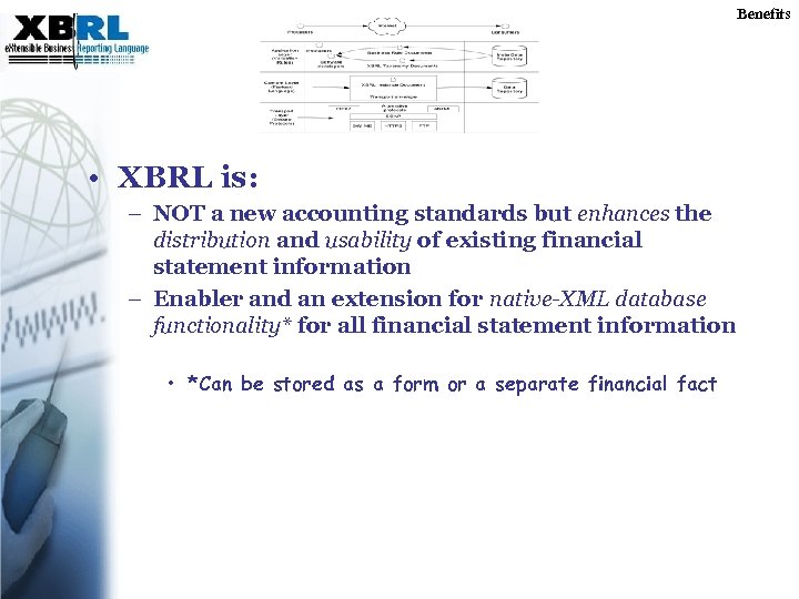 Benefits • XBRL is: – NOT a new accounting standards but enhances the distribution