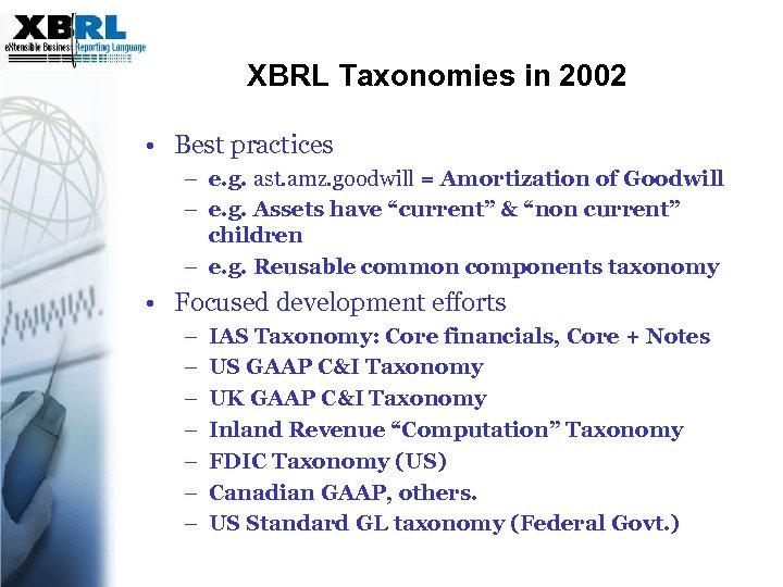 XBRL Taxonomies in 2002 • Best practices – e. g. ast. amz. goodwill =