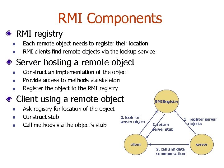 RMI Components RMI registry n n Each remote object needs to register their location