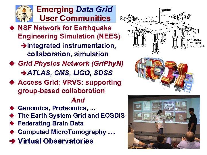 Emerging Data Grid User Communities u NSF Network for Earthquake Engineering Simulation (NEES) èIntegrated