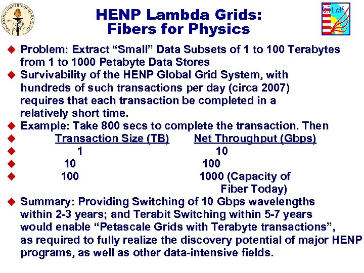 HENP Lambda Grids: Fibers for Physics u Problem: Extract “Small” Data Subsets of 1