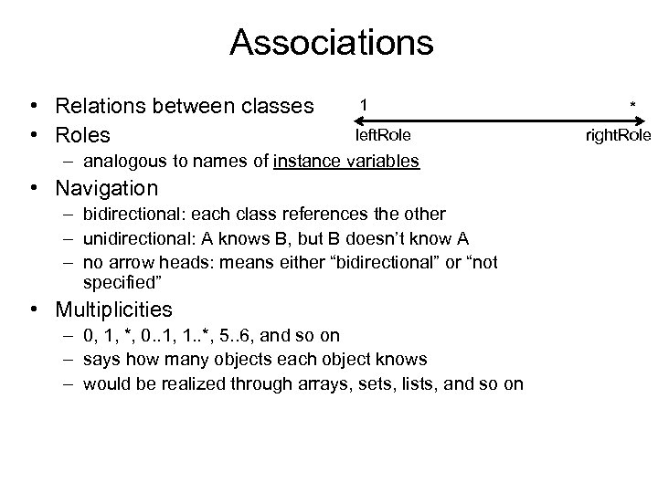 Associations • Relations between classes • Roles 1 left. Role – analogous to names