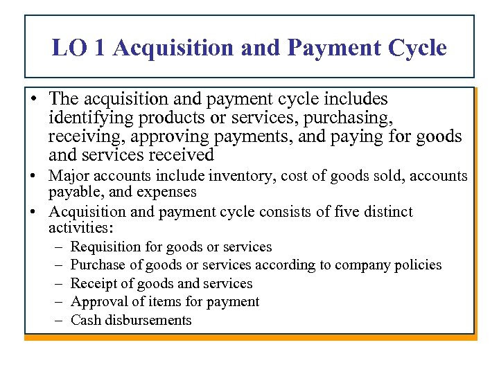 LO 1 Acquisition and Payment Cycle • The acquisition and payment cycle includes identifying