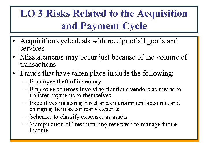 LO 3 Risks Related to the Acquisition and Payment Cycle • Acquisition cycle deals