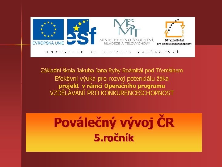 Základní škola Jakuba Jana Ryby Rožmitál pod Třemšínem Efektivní výuka pro rozvoj potenciálu žáka