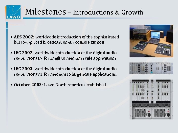 Milestones – Introductions & Growth • AES 2002: worldwide introduction of the sophisticated but