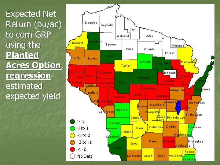 Expected Net Return (bu/ac) to corn GRP using the Planted Acres Option, regression estimated