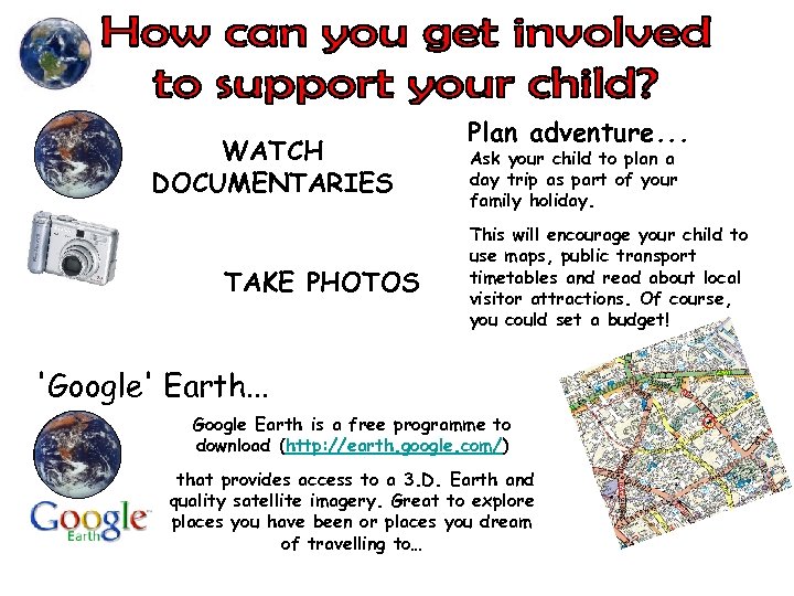 WATCH DOCUMENTARIES TAKE PHOTOS Plan adventure. . . Ask your child to plan a