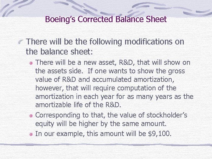 Boeing’s Corrected Balance Sheet There will be the following modifications on the balance sheet: