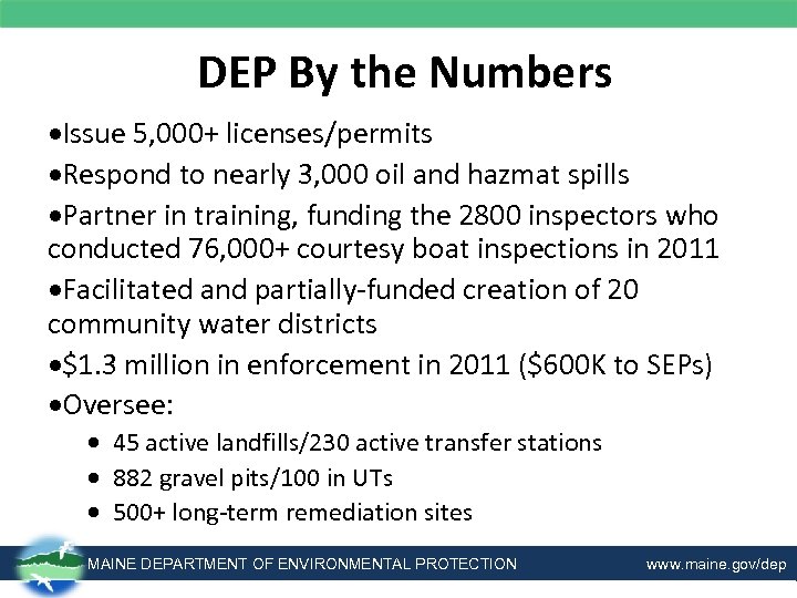 DEP By the Numbers Issue 5, 000+ licenses/permits Respond to nearly 3, 000 oil