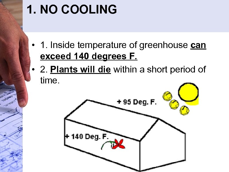 1. NO COOLING • 1. Inside temperature of greenhouse can exceed 140 degrees F.