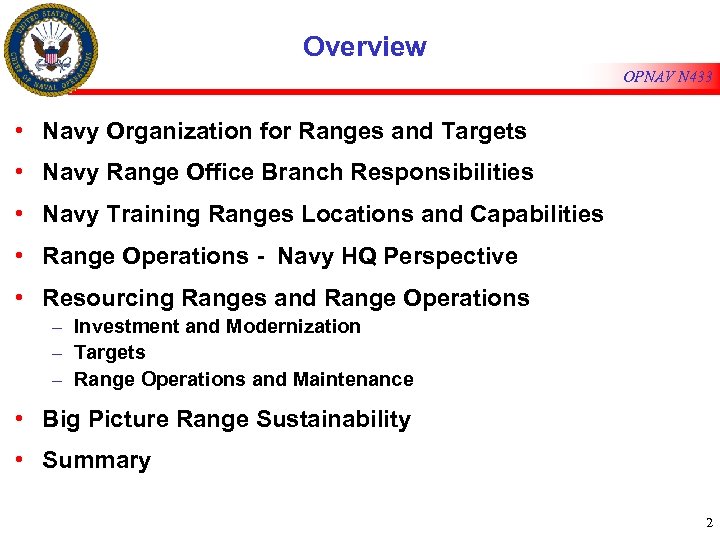 Overview OPNAV N 433 • Navy Organization for Ranges and Targets • Navy Range