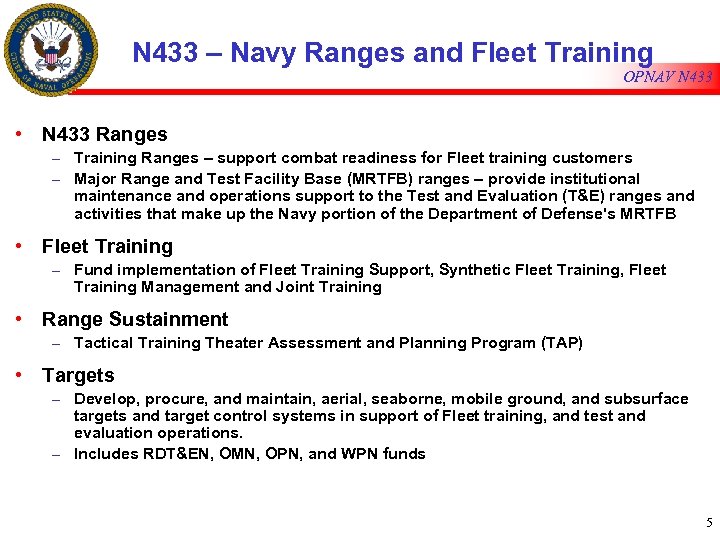 N 433 – Navy Ranges and Fleet Training OPNAV N 433 • N 433