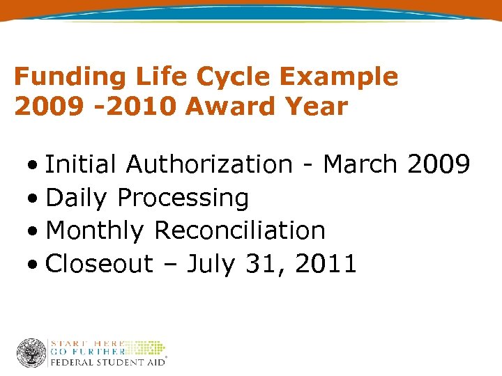 Funding Life Cycle Example 2009 -2010 Award Year • Initial Authorization - March 2009