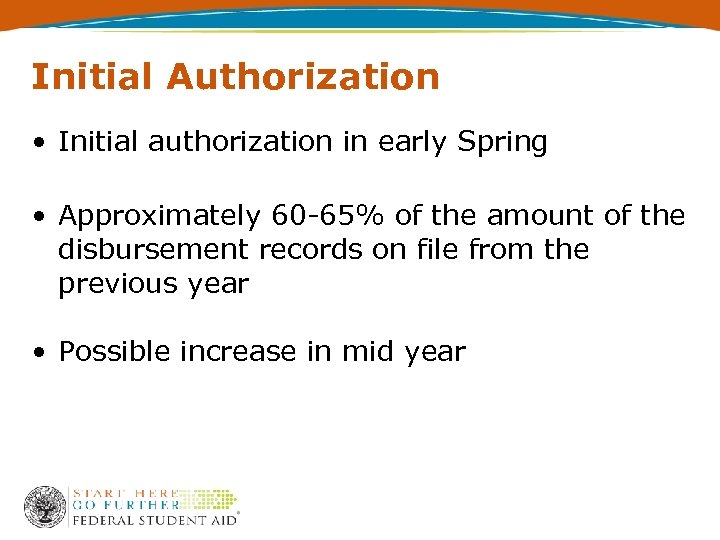 Initial Authorization • Initial authorization in early Spring • Approximately 60 -65% of the