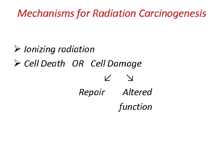 Mechanisms for Radiation Carcinogenesis Ø Ionizing radiation Ø Cell Death OR Cell Damage ↙