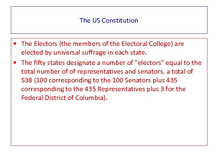The US Constitution • The Electors (the members of the Electoral College) are elected