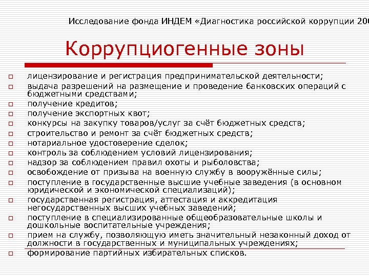 Исследование фонда ИНДЕМ «Диагностика российской коррупции 200 Коррупциогенные зоны o o o o лицензирование