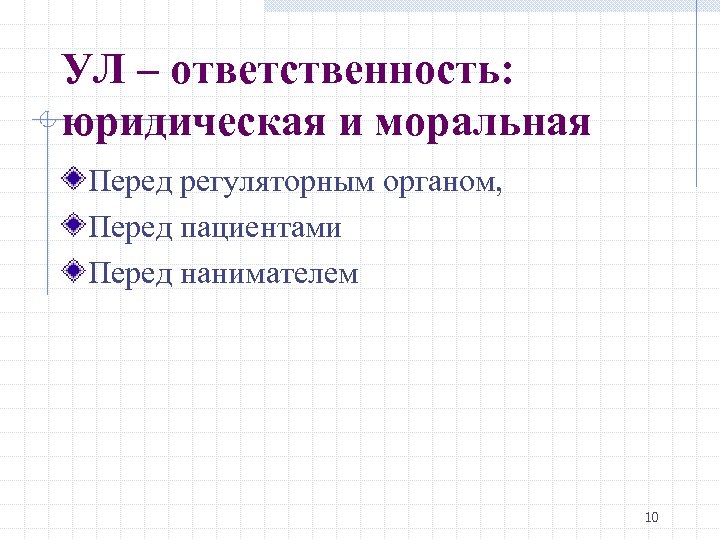 УЛ – ответственность: юридическая и моральная Перед регуляторным органом, Перед пациентами Перед нанимателем 10