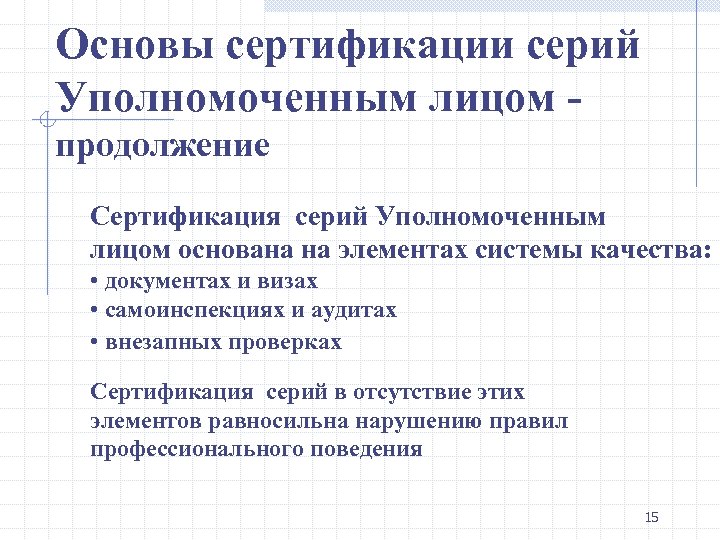 Основы сертификации серий Уполномоченным лицом продолжение Сертификация серий Уполномоченным лицом основана на элементах системы
