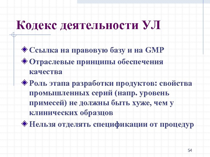 Кодекс деятельности УЛ Ссылка на правовую базу и на GMP Отраслевые принципы обеспечения качества