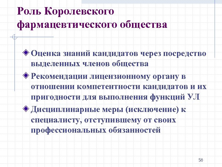 Роль Королевского фармацевтического общества Оценка знаний кандидатов через посредство выделенных членов общества Рекомендации лицензионному