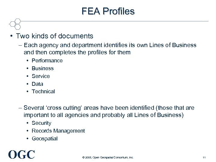 FEA Profiles • Two kinds of documents – Each agency and department identifies its