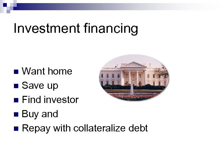 Investment financing Want home n Save up n Find investor n Buy and n