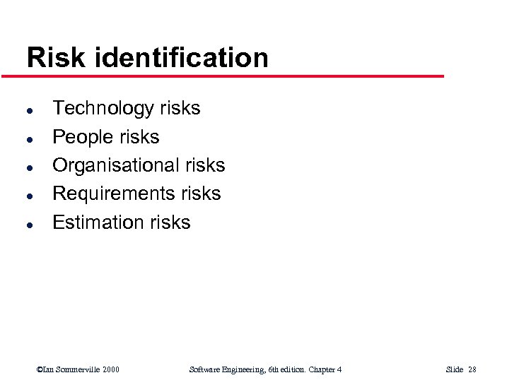 Risk identification l l l Technology risks People risks Organisational risks Requirements risks Estimation