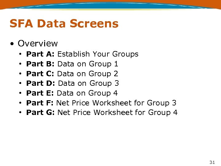 SFA Data Screens • Overview • • Part Part A: Establish Your Groups B: