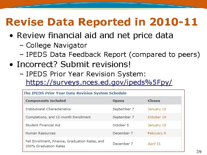 Revise Data Reported in 2010 -11 • Review financial aid and net price data