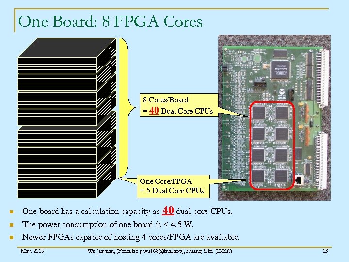 One Board: 8 FPGA Cores 8 Cores/Board = 40 Dual Core CPUs One Core/FPGA