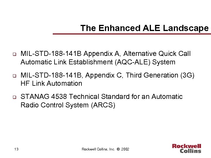 The Enhanced ALE Landscape q q q 13 MIL-STD-188 -141 B Appendix A, Alternative