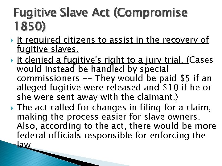 Fugitive Slave Act (Compromise 1850) It required citizens to assist in the recovery of