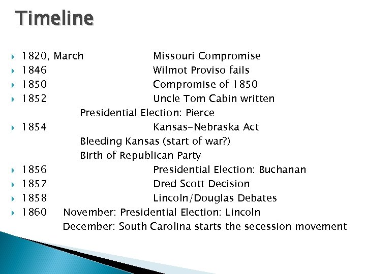 Timeline 1820, March Missouri Compromise 1846 Wilmot Proviso fails 1850 Compromise of 1850 1852