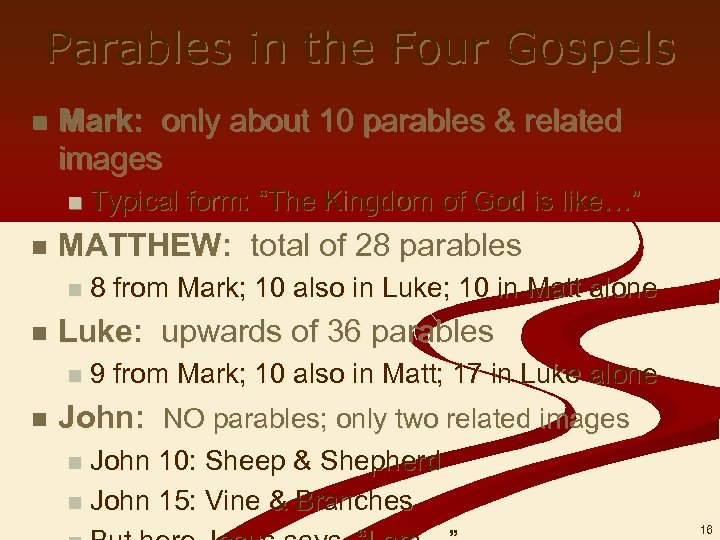 Parables in the Four Gospels n Mark: only about 10 parables & related images