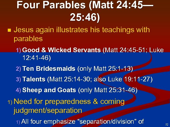 Four Parables (Matt 24: 45— 25: 46) n Jesus again illustrates his teachings with
