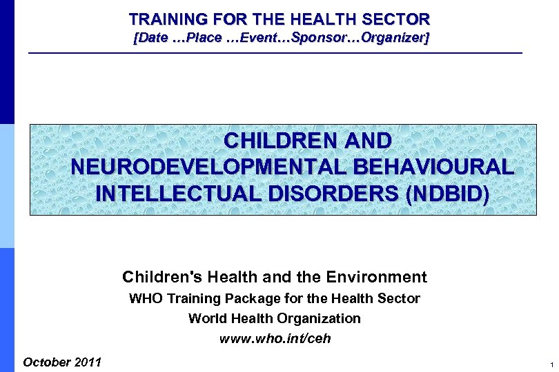 TRAINING FOR THE HEALTH SECTOR [Date …Place …Event…Sponsor…Organizer] CHILDREN AND NEURODEVELOPMENTAL BEHAVIOURAL INTELLECTUAL DISORDERS