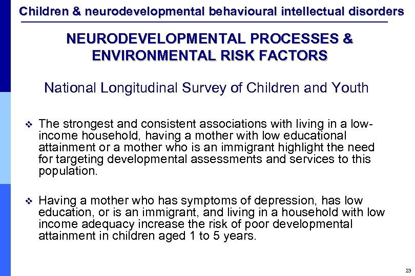 Children & neurodevelopmental behavioural intellectual disorders NEURODEVELOPMENTAL PROCESSES & ENVIRONMENTAL RISK FACTORS National Longitudinal