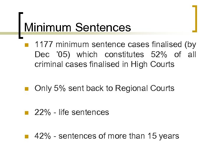 Minimum Sentences n 1177 minimum sentence cases finalised (by Dec ’ 05) which constitutes