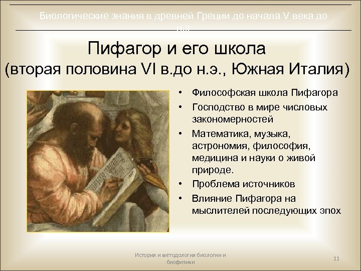 Биологические знания в древней Греции до начала V века до н. э Пифагор и